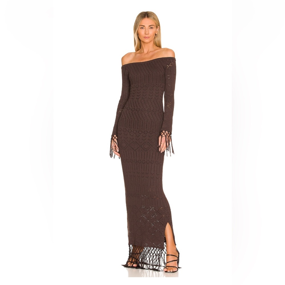 Off-Shoulder Brown Knit Maxi Dress